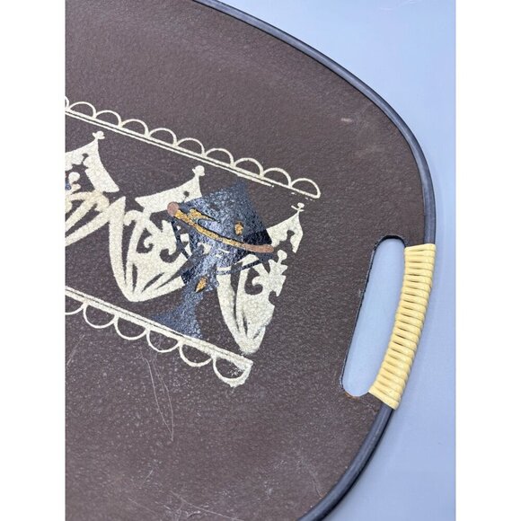 Vtg MCM Oval Brown Serving Tray Woven Handles Hand Painted - Picture 4 of 7